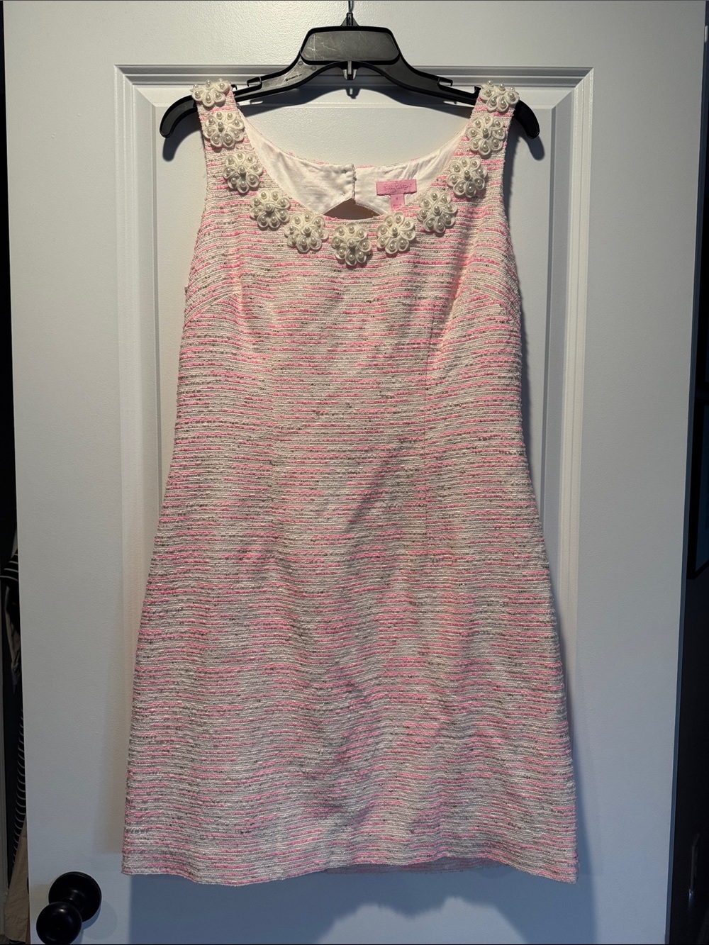 Lilly Pulitzer Pink & White Tweed Shift with Pearl-Cluster Floral Appliquรฉs